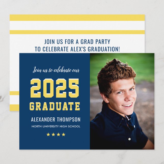 2025 Student Gult Studentfest Foto Inbjudningar (Fram/baksida)