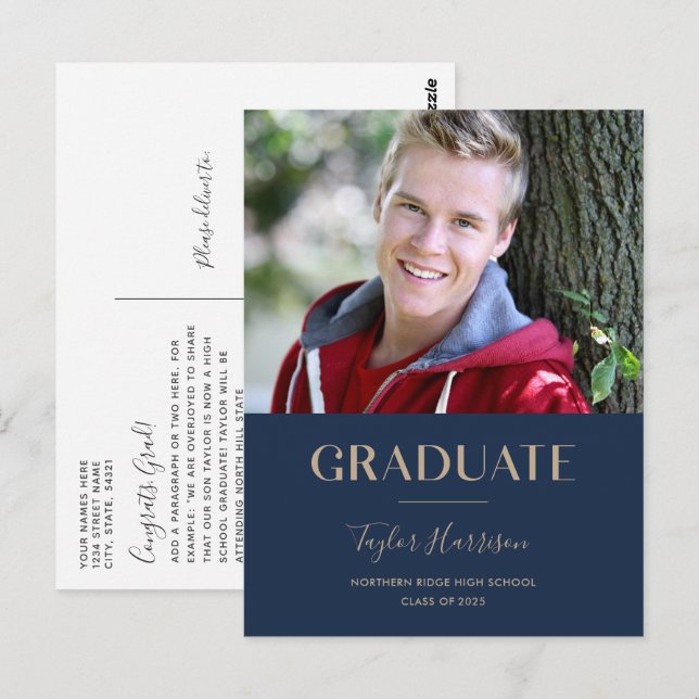 2025 Student marinblått och Guld Studenten Vykort (Fram/baksida)