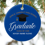 2025 Studenten Blue Guld Anpassningsbar High Schoo Julgransprydnad Keramik<br><div class="desc">Royalets blå anpassningsbar,  den högre julklappen i studenten har chic vit och guld typografi under en högskola eller högskola i namn för 2025 års klass. Anpassa med din examen under den vackra kalligrafin för en underbar personlig student.</div>