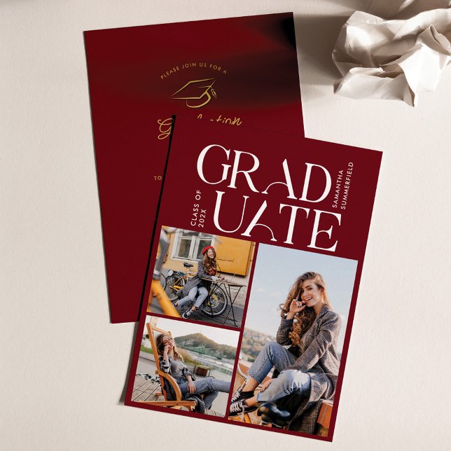 2025 Studenten Photo Collage Burgundy Grad Party Inbjudningar (Graduation 2024 Photo Collage Announcement)