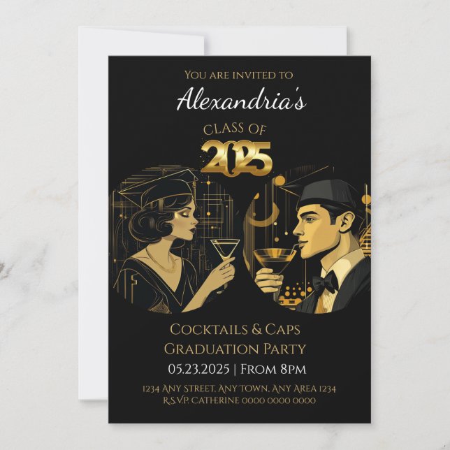 2025 Svart Guld Cocktail & Kapsel Examenfest Inbjudningar (Framsida)