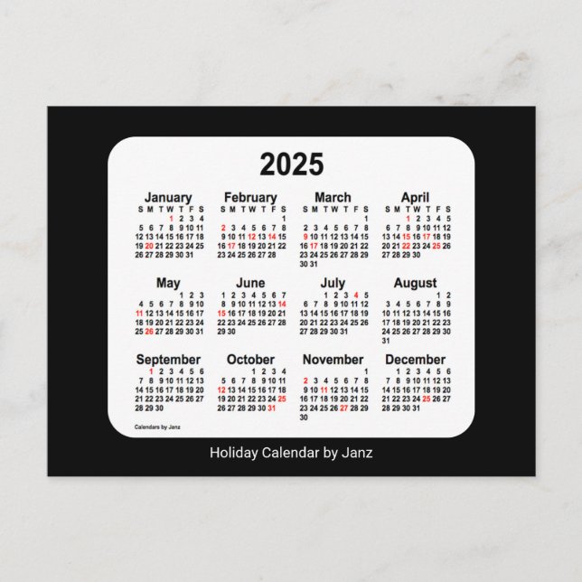 2025 Svart Mini Holiday Kalender av Janz Helg Vykort (Framsida)