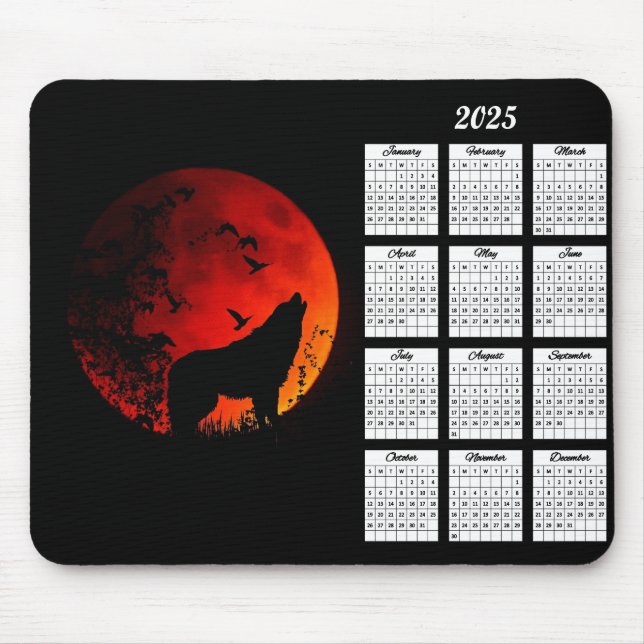 2025 Varg Silhouette och Blood Måne Calendar Musmatta (Framsidan)