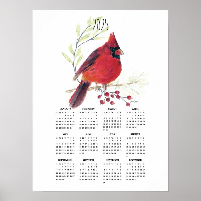 2025 Vibrant Red Cardinal Poster kalender (Framsidan)