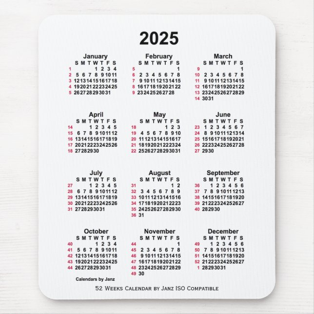 2025 Vit 52 veckor ISO-kalender från Janz Musmatta (Framsidan)