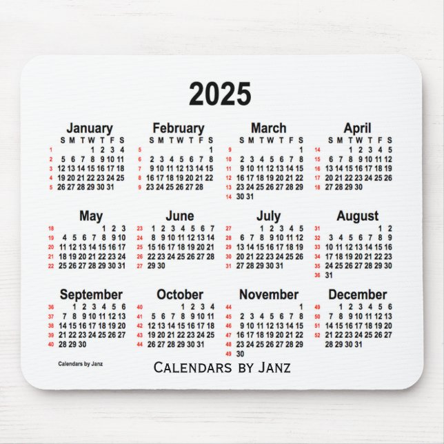 2025 Vit kalender 52 veckor från Janz Musmatta (Framsidan)