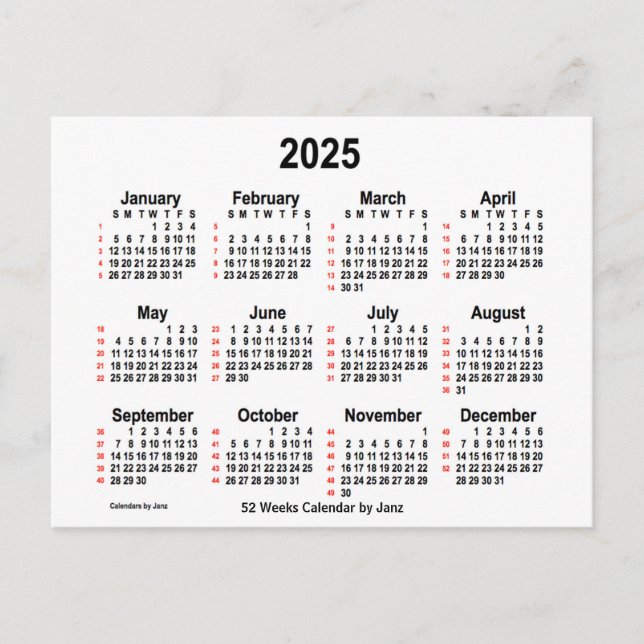 2025 Vit kalender 52 veckor från Janz Vykort (Framsida)