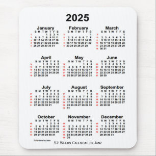 2025 Vit kalender för 52 veckor från Janz Musmatta