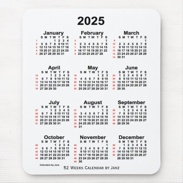 2025 Vit kalender för 52 veckor från Janz Musmatta (Framsidan)
