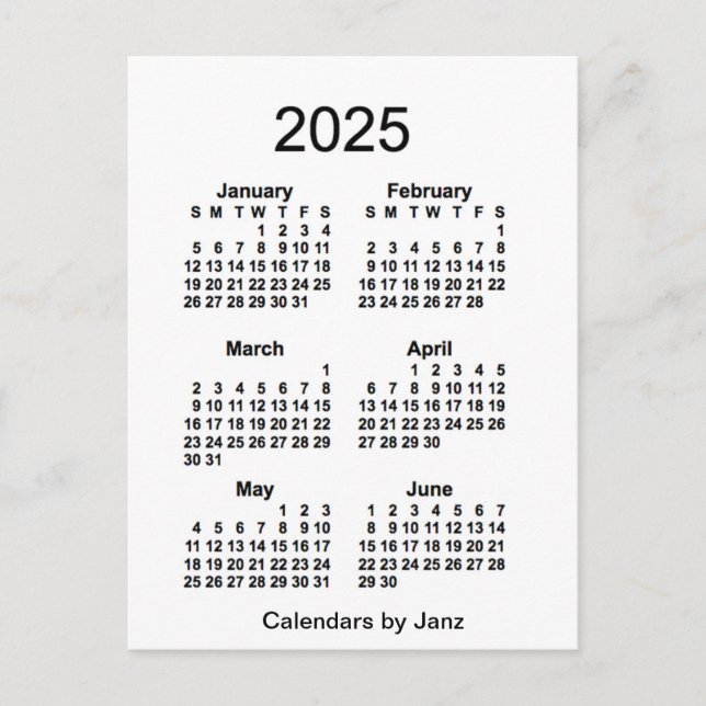 2025 Vitbok 6 månaders Mini-kalender från Janz Vykort (Framsida)
