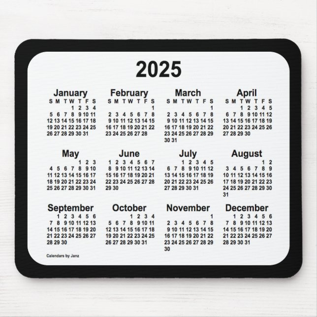 2025 White on Black Calendar från Janz Two Tone Musmatta (Framsidan)