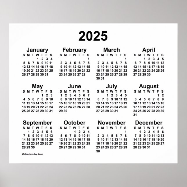 2025 White Wall Calendar av Janz Poster (Framsidan)