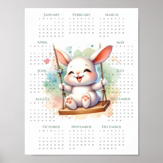 2026 1-Page Calendar Cute Bunny on Swing Whimsical Poster (Framsidan)