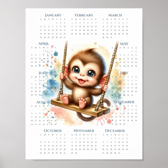 2026 1-Page Calendar Cute Monkey on Swing Jungle Poster (Framsidan)