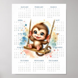 2026 1-sidig kalender Söt apa på svängande Jungel Poster