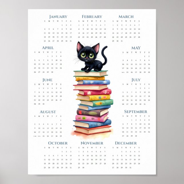 2026 1-sidig kalender Svart katt på färgglada böck Poster (Framsidan)