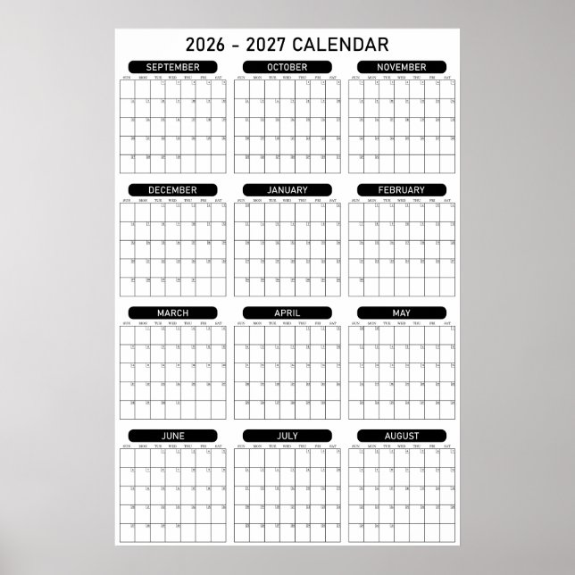 2026 - 2027 Akademisk års väggplaneringskalender Poster (Framsidan)
