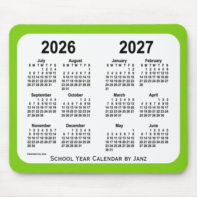 2026-2027 Grönt skolkalender från Janz Musmatta (Framsidan)