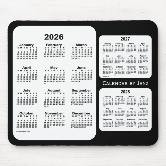 2026-2028 Svartvit treårskalender från Janz Musmatta (Framsidan)
