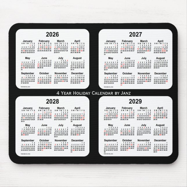 2026-2029 Svartvit Helgdag Kalender från Janz Musmatta (Framsidan)