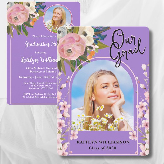 2026 Akvarell Rosa Blommig Foto Examenfest Inbjudningar (Skapare uppladdad)