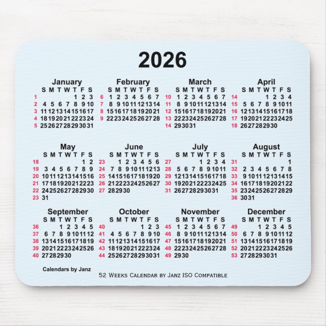 2026 Alice Blue 52 veckor ISO Calendar av Janz Musmatta (Framsidan)