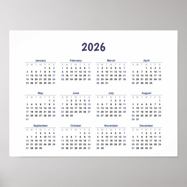 2026 År Månads väggkalender Alla dagar  Poster (Framsidan)