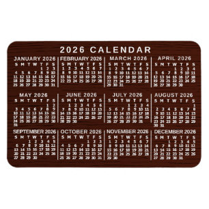 2026 År Månadskalender Brun Trästruktur Enkel Magnet