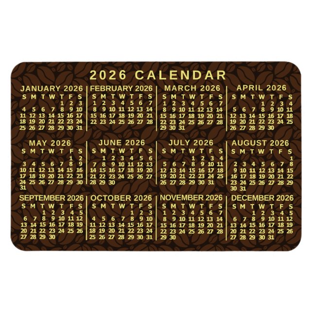 2026 År Månadskalender Mörka Kaffeebönor Magnet (Horisontell)