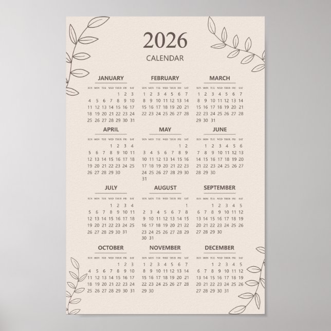 2026 Årlig Kalender Blommig Linjekonst Minimalisti Poster (Framsidan)