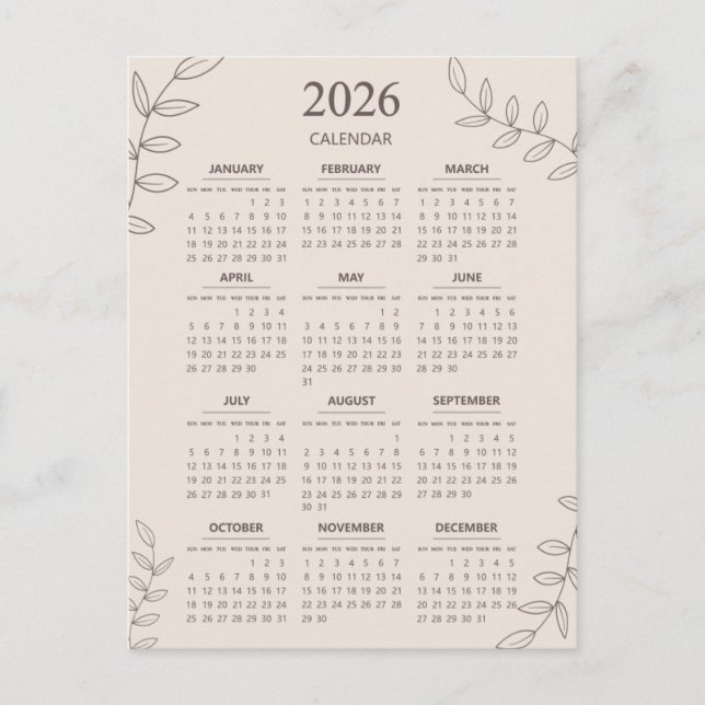 2026 Årlig Kalender Blommig Linjekonst Minimalisti Vykort (Framsida)