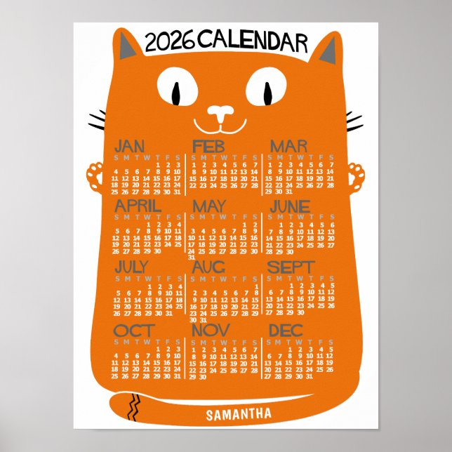 2026 Årlig Månadskalender Mid-Century Orange Katt Poster (Framsidan)