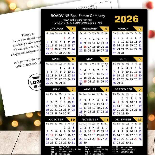 2026 års affärskalender med amerikanska Helgdagar  Helg Vykort (Skapare uppladdad)