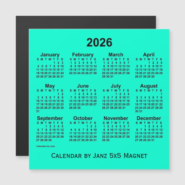 2026 års Aquamarine-kalender från Janz 5x5 Magnet (Fram/baksida)