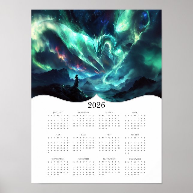 2026 års Aurora Dragon Fantasy Art Fullt Year Cale Poster (Framsidan)