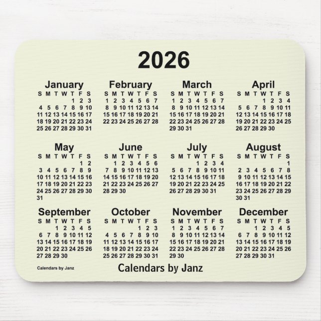 2026 års Beige-kalender av Janz Mouse Pad Musmatta (Framsidan)
