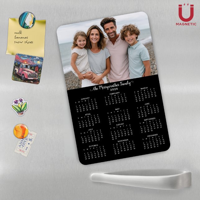 2026 års fotomalender för svart modern Personlig Magnet (2026 Black Modern Personalized Photo Calendar Magnet)