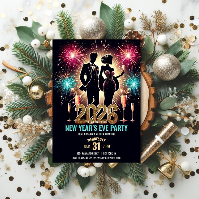 2026 års Glamora Nyårsafton Party Fireworks Inbjudningar (Glamorous New Year's Eve Party Invitation front view.)