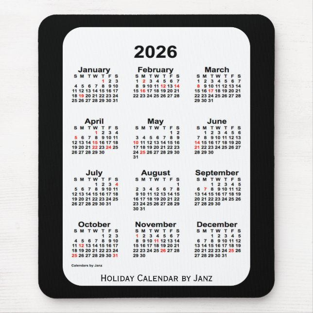 2026 års Helgdag, svart kalender i tonläge från Ja Musmatta (Framsidan)