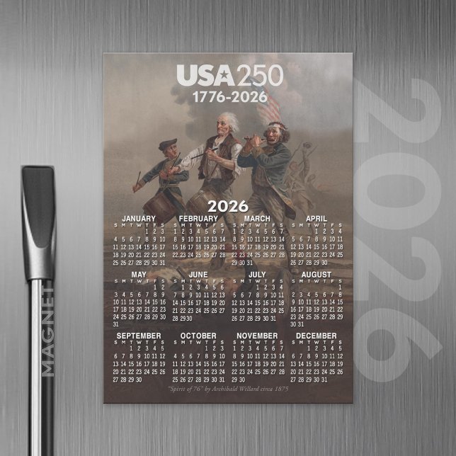 2026 års kalender - andan 76 - USA:s tjugofemtonde (2026 Calendar Magnet with USA 250 Celebration Theme)