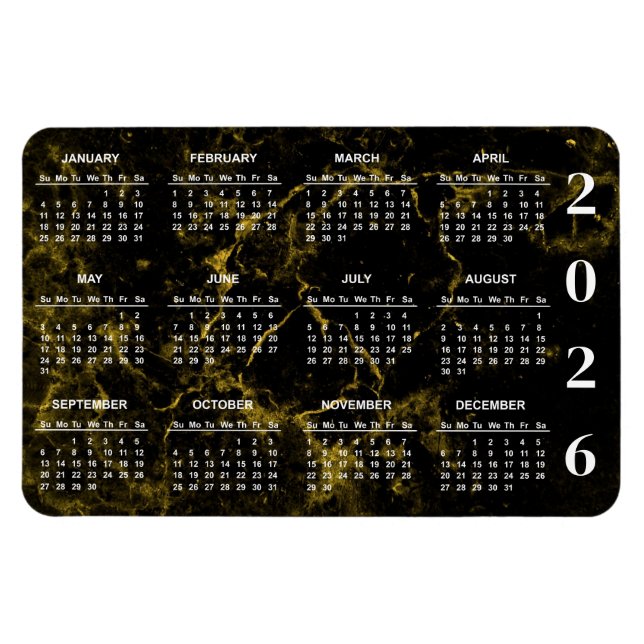 2026 års kalender för svart och Guld-marmor Magnet (Horisontell)