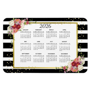 2026 års kalender för svartvit stripe-Blommigt Gul Magnet