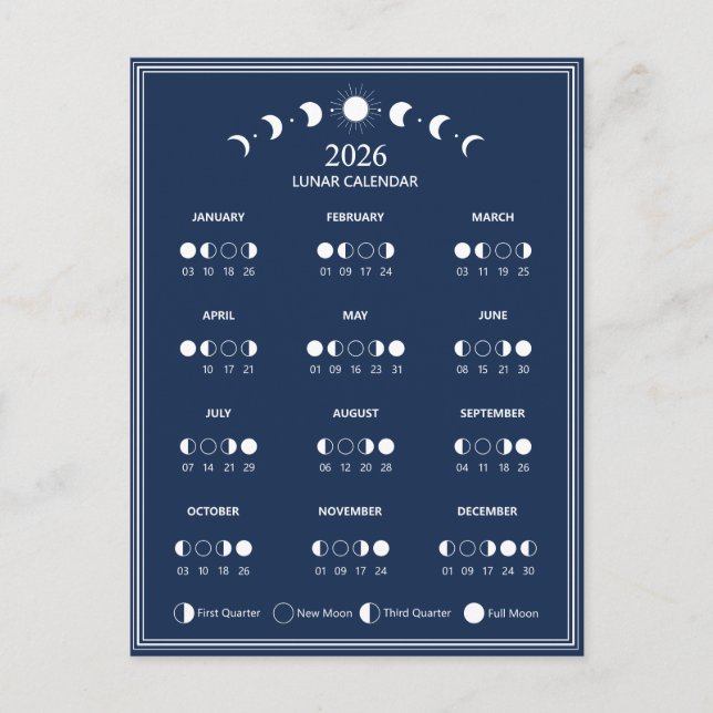 2026 års kalender i Måne-fasen - minimalistiska cy Vykort (Framsida)