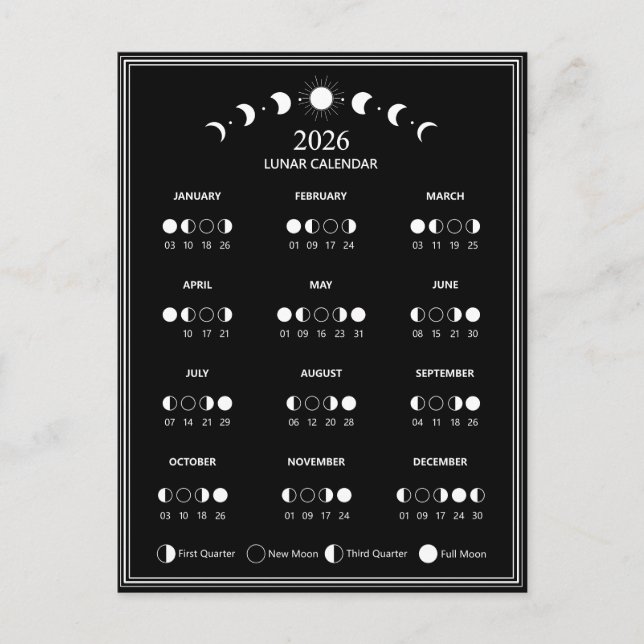 2026 års kalender i Måne-fasen - minimalistiska cy Vykort (Framsida)