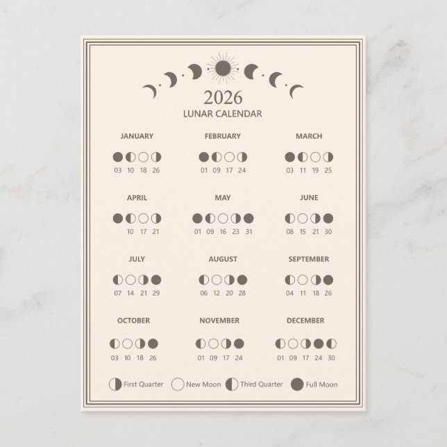 2026 års kalender i Måne-fasen - minimalistiska cy Vykort (Framsida)