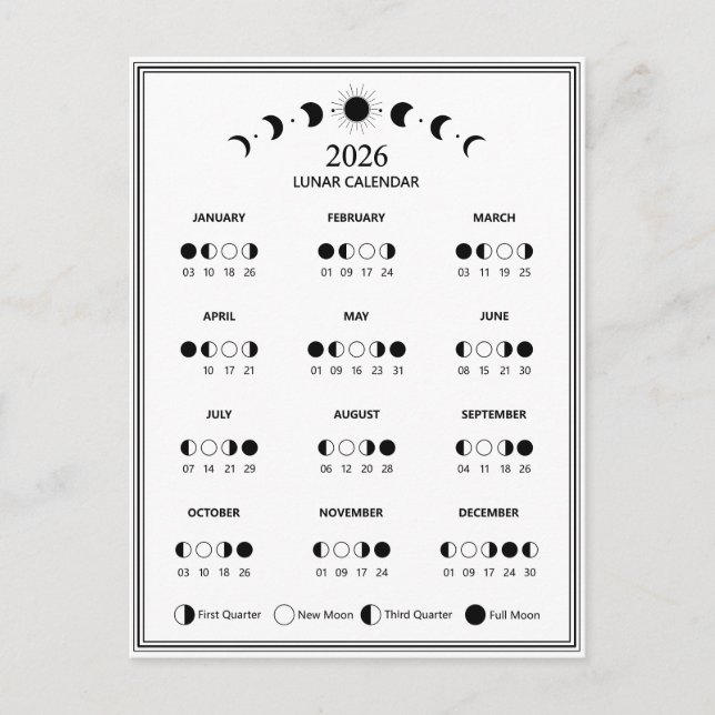 2026 års kalender i Måne-fasen - minimalistiska cy Vykort (Framsida)
