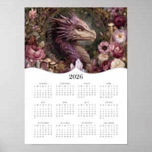 2026 års Lila Dragon Fantasy Art Fullt Calendar Poster