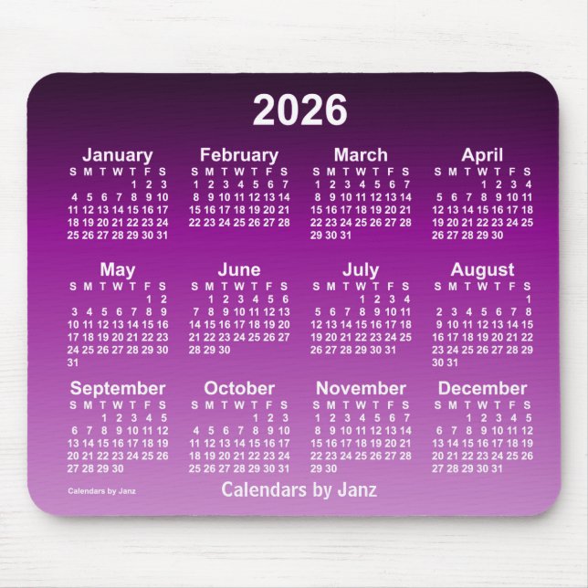 2026 års Lila Neon-kalender av Janz Mouse Pad Musmatta (Framsidan)