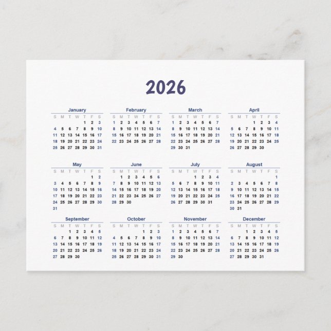 2026 års månadskalender alla dagar vykort (Framsida)