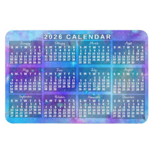 2026 Års Månadskalender Blå Akvarell Stjärnor Magnet